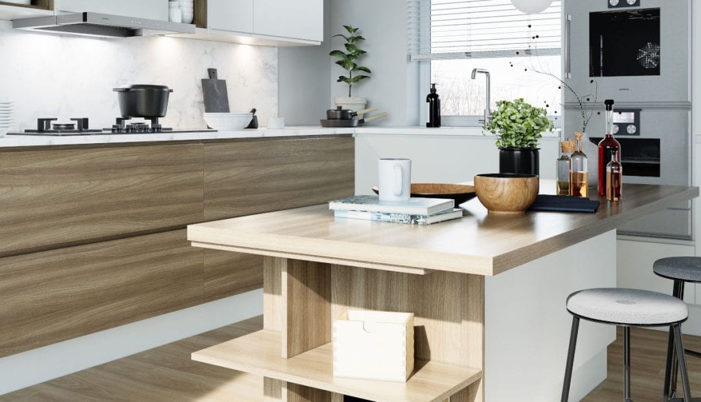 Kuchnia w jasnym drewnie i białym, dekor z nowej kolekcji globalnej I’m Yours od Impress Decor