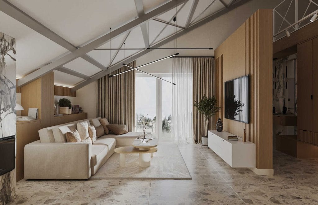 Dom zaprojektowany na poddaszu hali. Charakterystyczne elementy konstrukcyjne dachu pozostawiono, aby podkreślić nowoczesną formę wnętrza. Dominują jasne kolory, a podłogę wykończono płytką z wzorem lastryko. Przeważają biele, które ocieplono naturalnymi elementami drewna, nadając wnętrzu przytulny charakter. Projekt: arch. wnętrz Anna Nowakowska-Manoryk, Nowakowska Interiors.