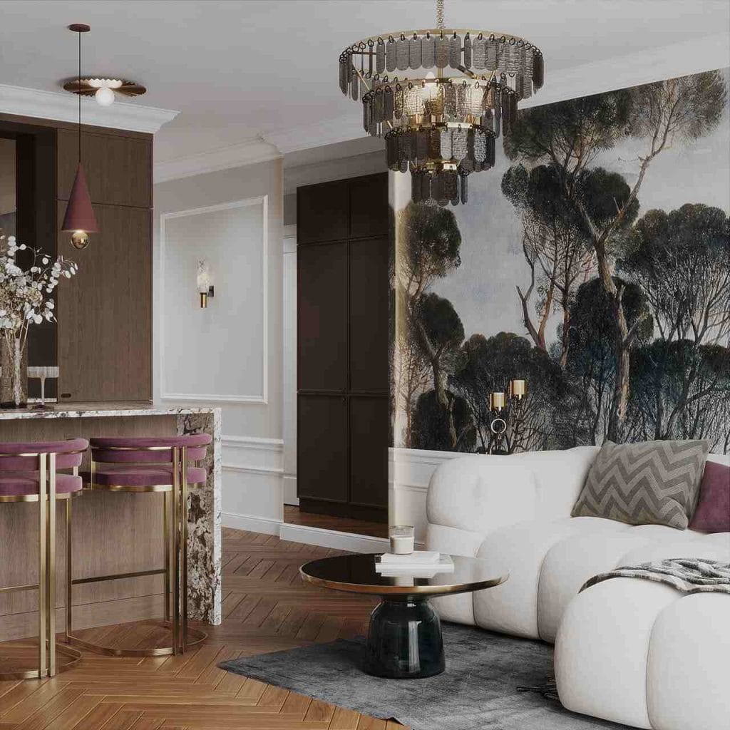 Salon z aneksem kuchennym o powierzchni 26 m2. Eklektyczne wnętrze to mieszanka różnych form, materiałów (np. drewna z kamieniem). Szklane żyrandole i mocna fototapeta dodają wnętrzu charakteru. Oryginalnym elementem jest wprowadzenie koloru bordowego w dodatkach, co bardzo wyróżnia to wnętrze. Projekt: arch. wnętrz Anna Nowakowska-Manoryk, Nowakowska Interiors.