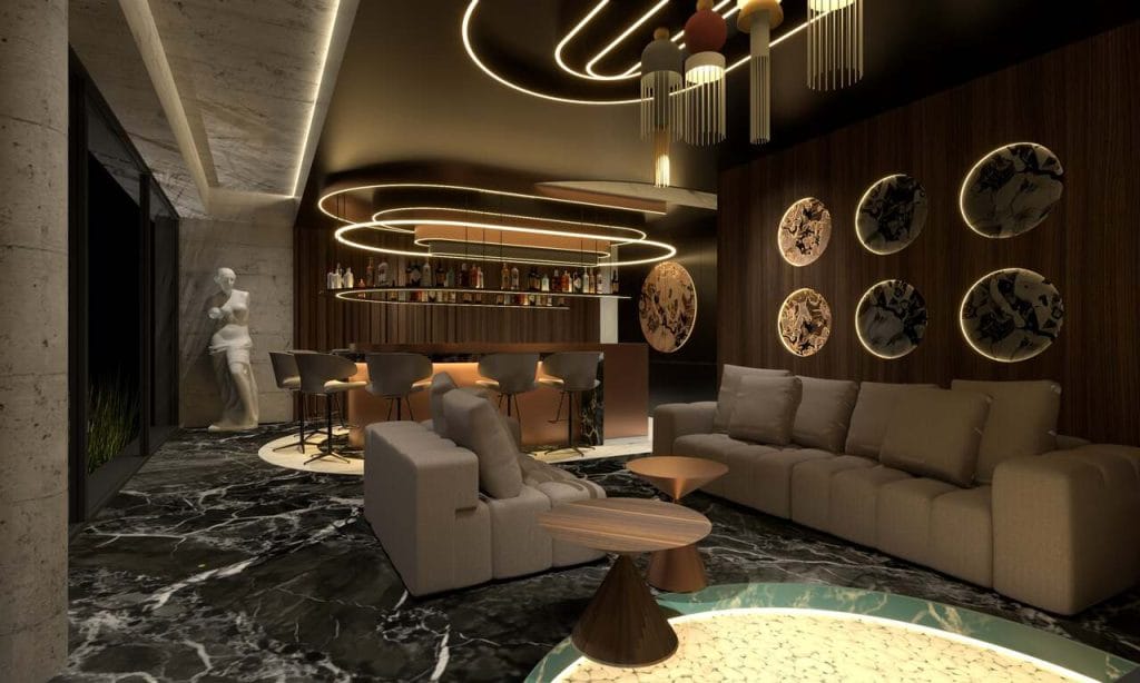 Duża powierzchnia daje jeszcze więcej możliwości (w tym przypadku chodzi o podkrakowską rezydencję o powierzchni blisko 1,4 tys. m2). Party Room to wydzielona przestrzeń klubowo-barowa. Przytłumione światło, podświetlana szklana podłoga, owalny bar z hokerami, ogromny ekran multimedialny, stół bilardowy, efektowe oświetlenie sceniczne – to niektóre środki mające służyć różnym formom relaksu. Projekt: Michał Swałtek/Kaja Swałtek, Swałtek Design Studio.