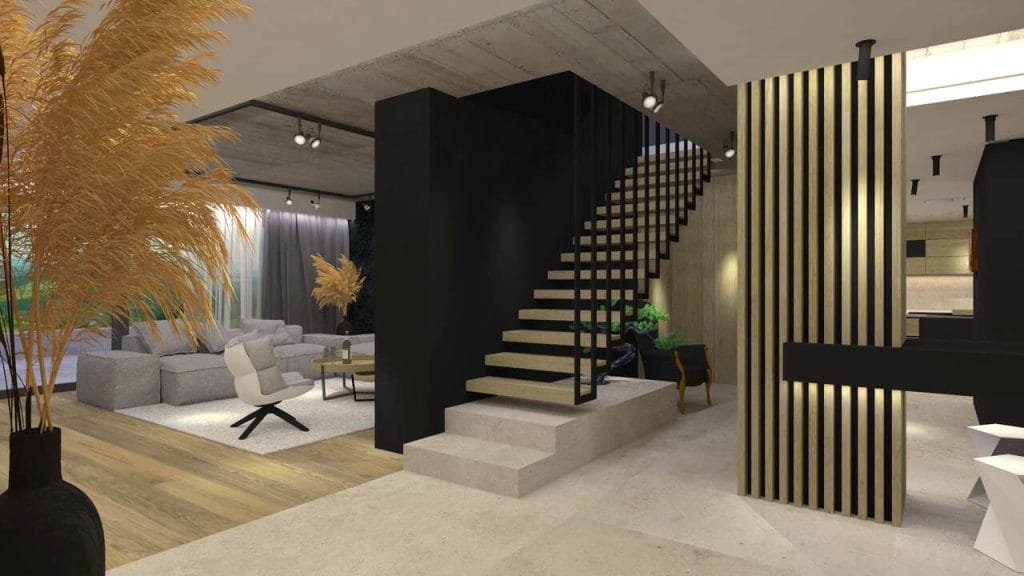 Projekt wnętrza domu jednorodzinnego w okolicach Krakowa. Centralnie umieszczona czarna płaszczyzna ściany, na której zawieszone są dębowe schody rozcina przestrzeń dwóch kondygnacji. Na dolnym poziomie oddziela główną część salonu od strefy wejścia i łazienki. Czerń we wnętrzu efektownie kontrastuje z szarością betonowego stropu, jasnym drewnem i beżowym melanżem wielkoformatowych płyt posadzki. Projekt: Michał Swałtek/Kaja Swałtek, Swałtek Design Studio.