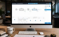 Stanowisko pracy projektanta z komputerem iMac wyświetlającym program do konfigurowania oświetlenia LED, z kubkiem marki viyar, próbkami materiałów i narzędziami pomiarowymi na biurku.