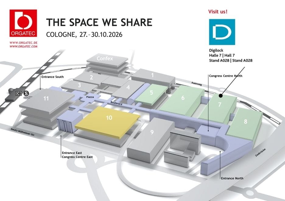 Mapa targów ORGATEC 2026 w Kolonii z zaznaczonym stoiskiem firmy Digilock w hali 7, prezentującej elektroniczne zamki do mebli.