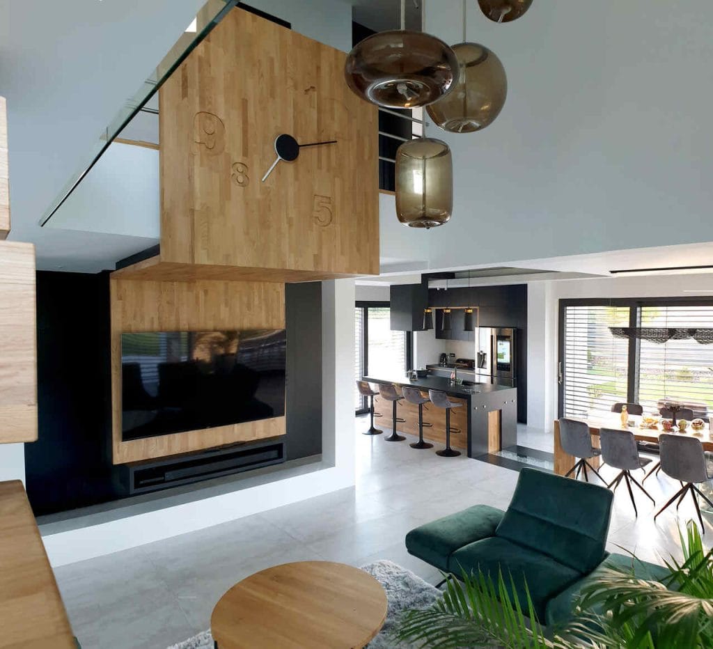 Strefa dzienna w domu jednorodzinnym w okolicach Krakowa. Pow. ok. 130 m2. Projekt z roku 2019.