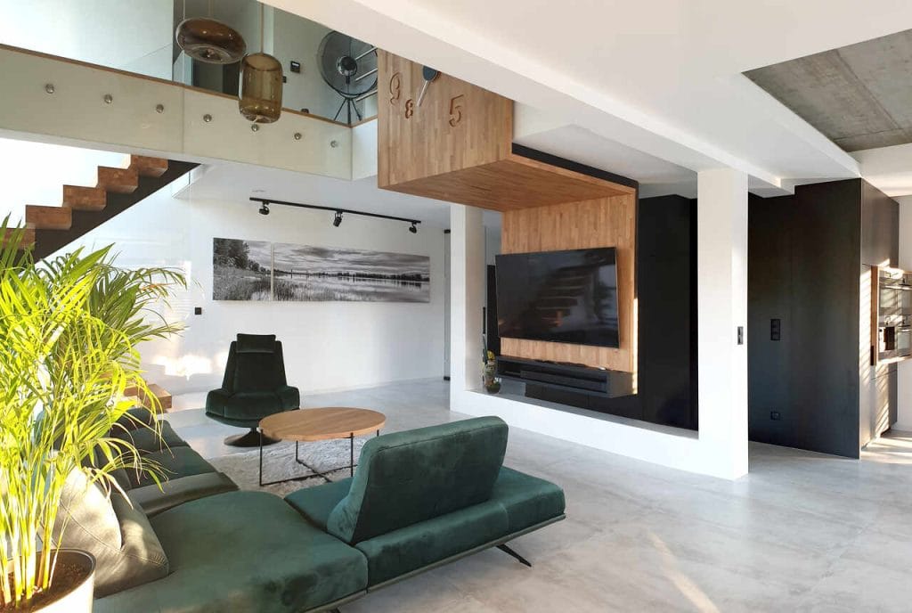 Strefa dzienna w domu jednorodzinnym w okolicach Krakowa. Pow. ok. 130 m2. Projekt z roku 2019.