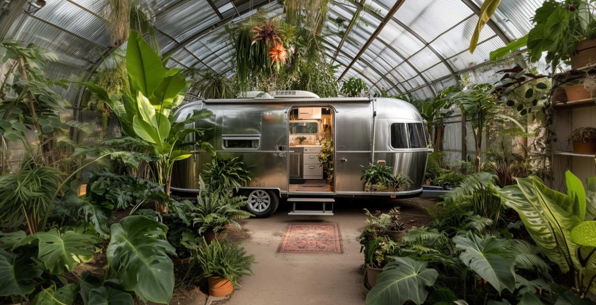 Srebrny kamper w szklarni otoczony bujną roślinnością – inspiracja kolekcją dekorów CARAVAN Interprint