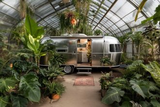 Srebrny kamper w szklarni otoczony bujną roślinnością – inspiracja kolekcją dekorów CARAVAN Interprint