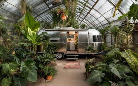 Srebrny kamper w szklarni otoczony bujną roślinnością – inspiracja kolekcją dekorów CARAVAN Interprint