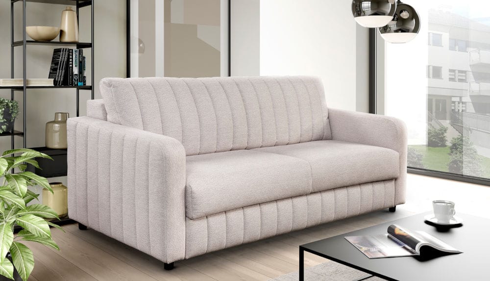 Sofa Grace marki Libro w kolorze kaszmirowym, z funkcją spania i stelażem włoskim.