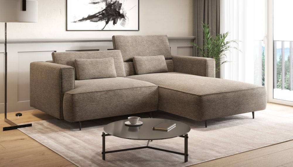 Narożnik Kenzo marki Libro w kolorze kaszmirowym, z funkcją spania i wysokimi nóżkami.