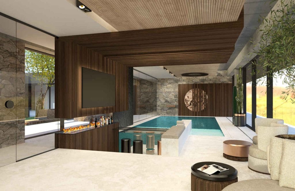 Strefa basenu wewnętrznego i SPA w rezydencji położonej w pobliżu Krakowa. Pow. ok. 150 m2. Projekt w trakcie realizacji.