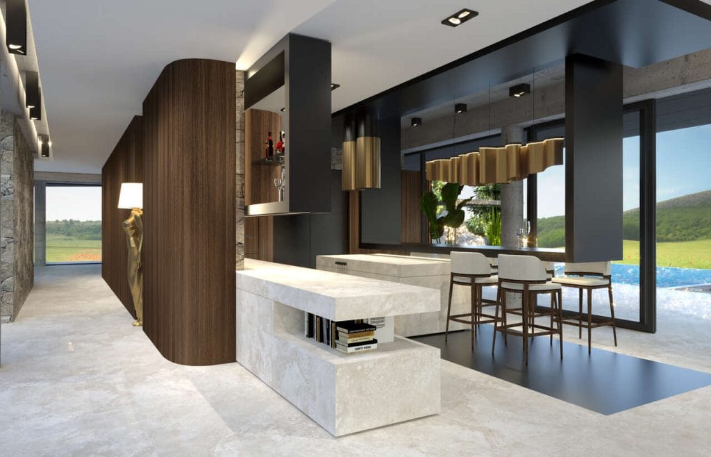 Strefa kuchni z jadalnią i hall w rezydencji położonej w pobliżu Krakowa. Pow. ok. 90 m2. Projekt w trakcie realizacji.