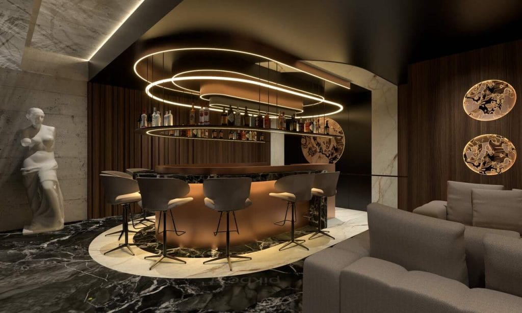 Party Room w rezydencji położonej w pobliżu Krakowa. Pow. ok. 100 m2. Projekt w trakcie realizacji.