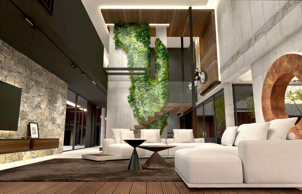 Salon i schody na piętro w rezydencji położonej w pobliżu Krakowa. Pow. ok. 70 m2. Projekt w trakcie realizacji.