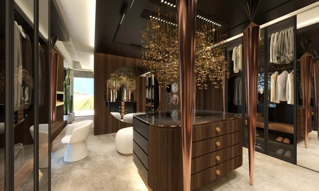 Garderoba przy głównej sypialni w rezydencji położonej w pobliżu Krakowa. Pow. ok. 40 m2. Projekt w trakcie realizacji.