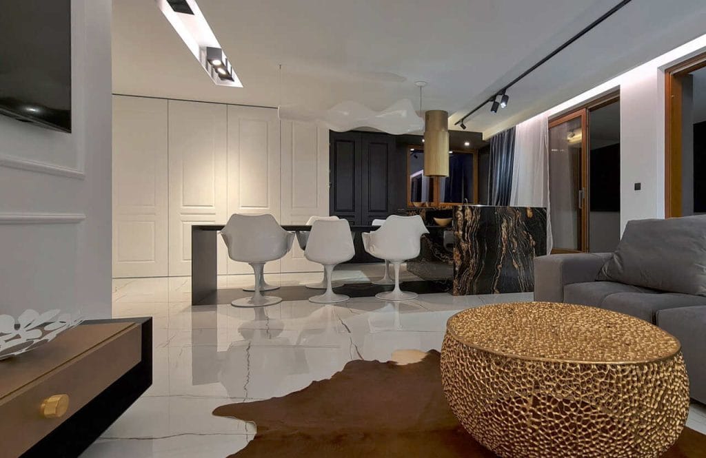 Strefa dzienna w mieszkaniu dwupoziomowym w Krakowie. Pow. ok. 55 m2. Projekt z roku 2021.