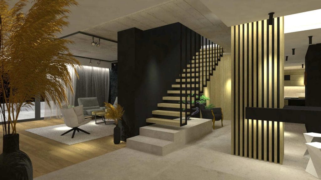 Hall wejściowy i salon w domu jednorodzinnym w okolicach Krakowa. Pow. ok. 120 m2. Projekt z roku 2020.