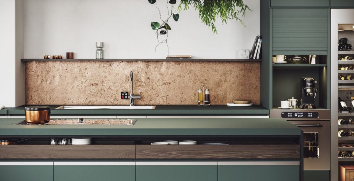 Zielona kuchnia z frontami i akcesoriami REHAU dla meblarstwa – nowoczesny design i funkcjonalne rozwiązania.