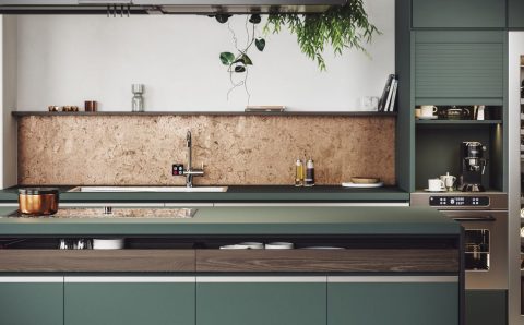 Zielona kuchnia z frontami i akcesoriami REHAU dla meblarstwa – nowoczesny design i funkcjonalne rozwiązania.