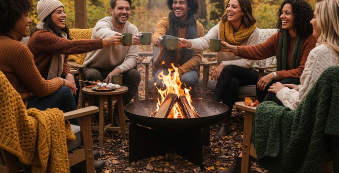 Grupa przyjaciół siedząca wokół paleniska 4ELEMENTI X50 na ogrodzie jesienią, ciepłe koce i kubki z napojami.
