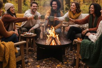 Grupa przyjaciół siedząca wokół paleniska 4ELEMENTI X50 na ogrodzie jesienią, ciepłe koce i kubki z napojami.