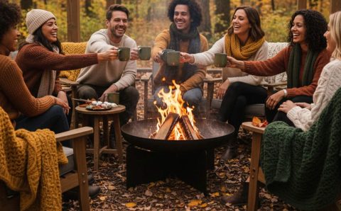 Grupa przyjaciół siedząca wokół paleniska 4ELEMENTI X50 na ogrodzie jesienią, ciepłe koce i kubki z napojami.