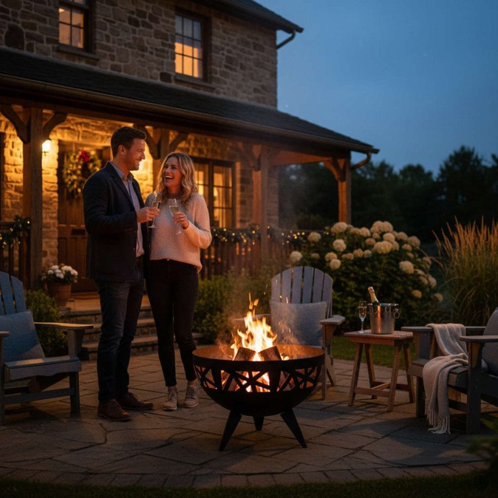 Para spędzająca wieczór przy palenisku ogrodowym 4ELEMENTI TOBAGO na tarasie z kamiennym domem w tle.