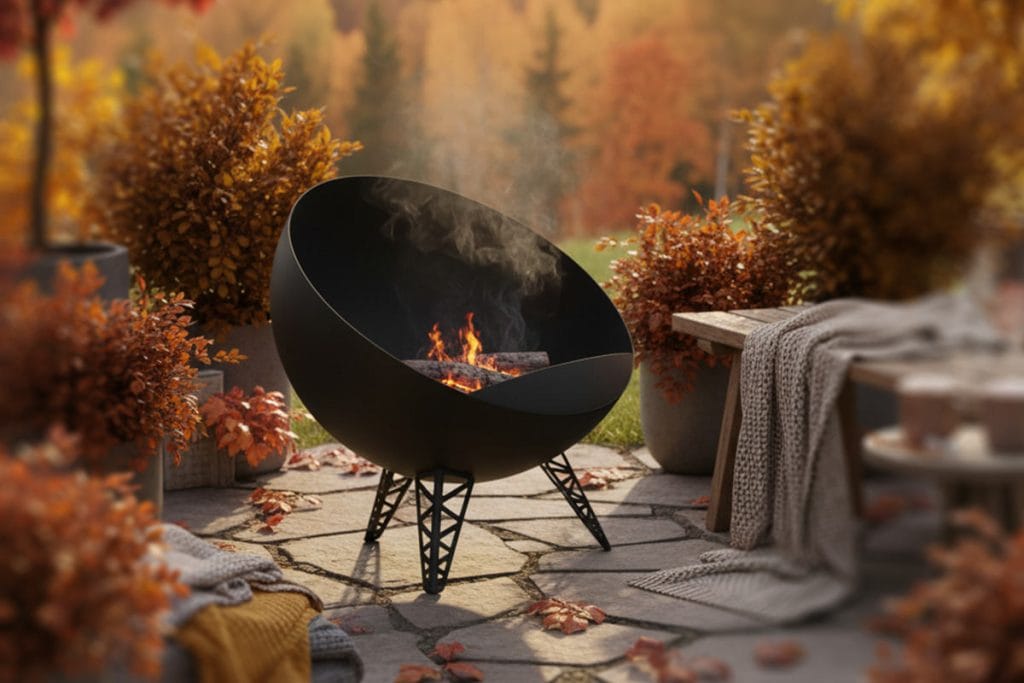 Nowoczesne palenisko ogrodowe 4ELEMENTI VIS z kulistą misą na trzech nogach, rozpalone na kamiennym tarasie.