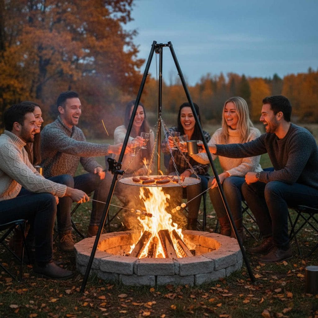 Znajomi grillujący na trójnogu SERAM nad paleniskiem 4ELEMENTI podczas spotkania na świeżym powietrzu.