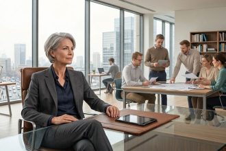 Szkolenia dla liderów: Doświadczona liderka inspiruje zespół w nowoczesnym biurze