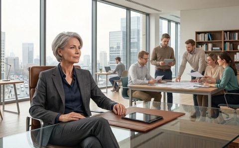 Szkolenia dla liderów: Doświadczona liderka inspiruje zespół w nowoczesnym biurze