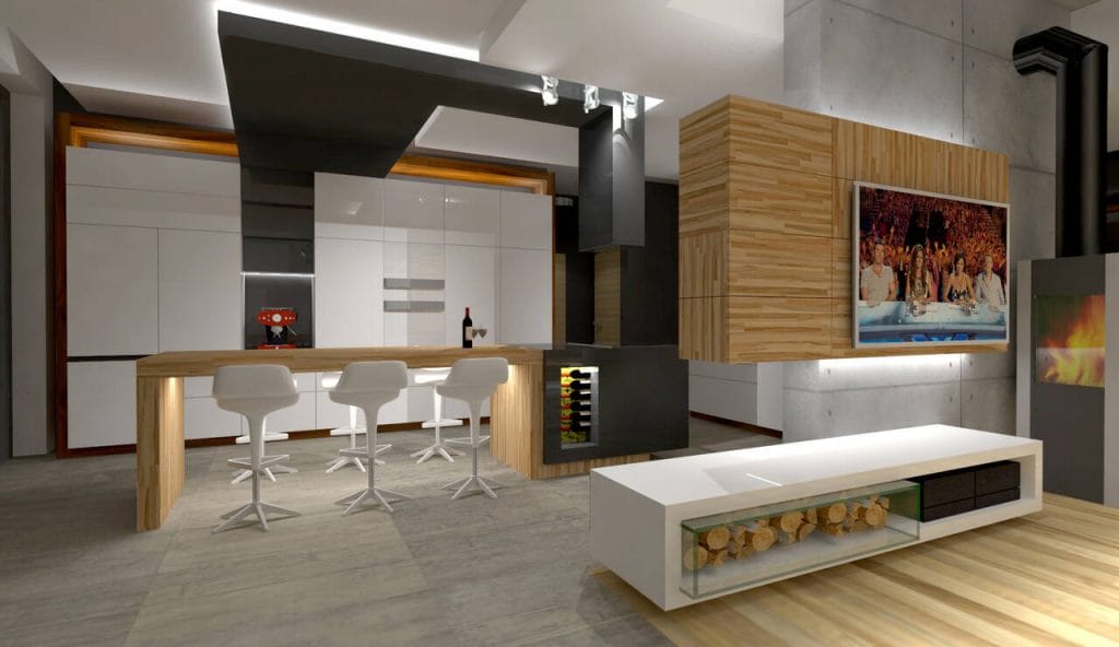 Strefa kuchni w domu jednorodzinnym w Krakowie. Pow. ok. 60 m2. Projekt z roku 2015.