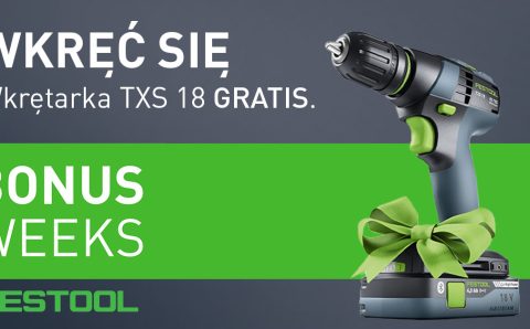 Baner reklamowy z wiertarko-wkrętarką Festool TXS 18 ozdobioną zieloną kokardą na zielono-szarym tle. Napisy: WKRĘĆ SIĘ, Wkrętarka TXS 18 GRATIS, BONUS WEEKS.