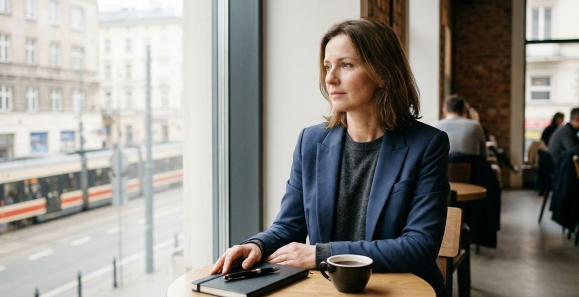 Liderka biznesu przy kawiarnianym stoliku rozmyślająca nad tym, jak efektywna komunikacja w biznesie wpływa na przywództwo i decyzje.