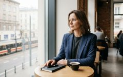Liderka biznesu przy kawiarnianym stoliku rozmyślająca nad tym, jak efektywna komunikacja w biznesie wpływa na przywództwo i decyzje.