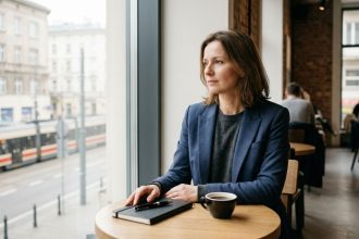 Liderka biznesu przy kawiarnianym stoliku rozmyślająca nad tym, jak efektywna komunikacja w biznesie wpływa na przywództwo i decyzje.