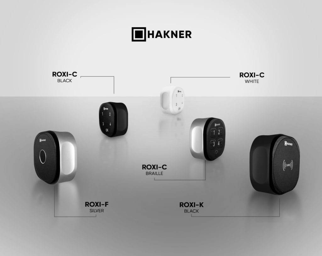 Elektroniczne zamki do mebli Hakner ROXI – modele ROXI-C, ROXI-F oraz ROXI-K w kolorach czarnym, białym i srebrnym. Nowoczesne systemy zamykania szafek z czytnikiem kart, kodem PIN i alfabetem Braille'a.