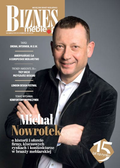 Okładka miesięcznika BIZNES.meble.pl - wydanie listopad 2025. Na okładce: Michał Nowrotek, prezes Zarządu MAAG Polska.
