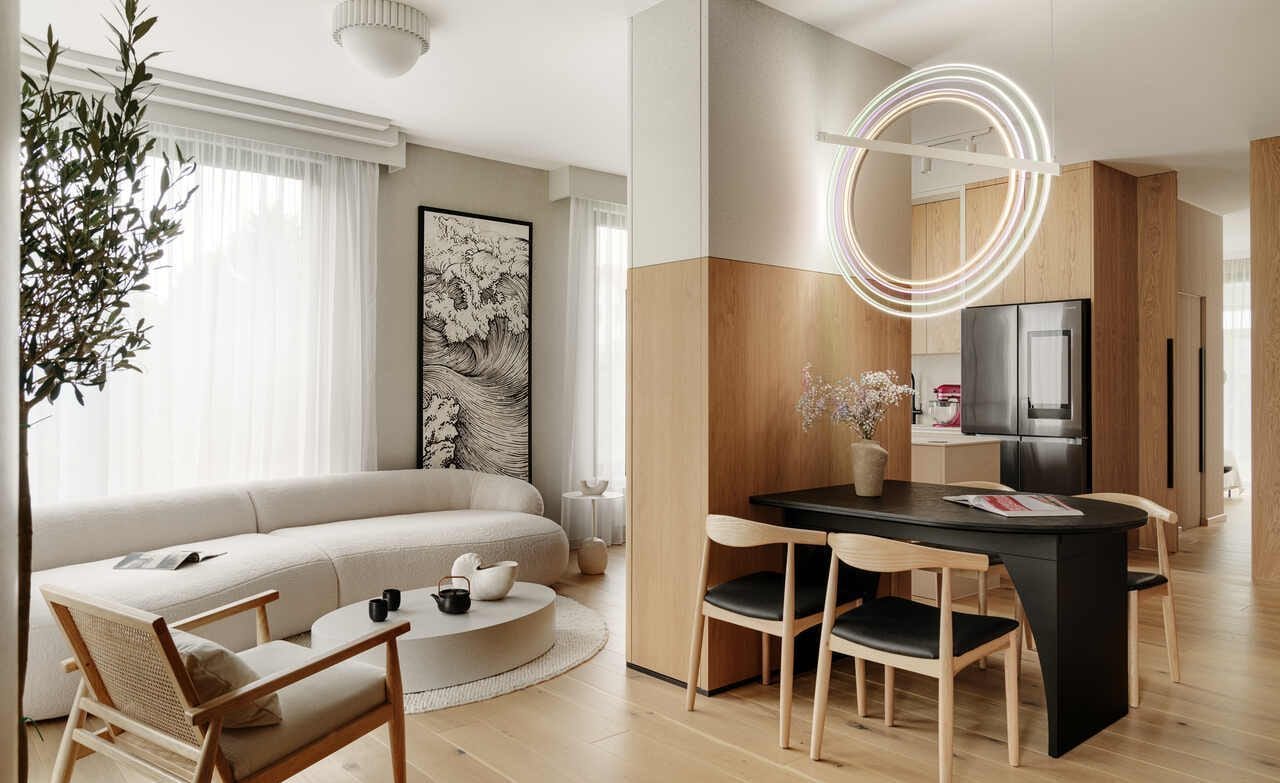 Apartament Japandi w Sopocie, projekt: Jan Sikora, Sikora Wnętrza. Fot. Tom Kurek.
