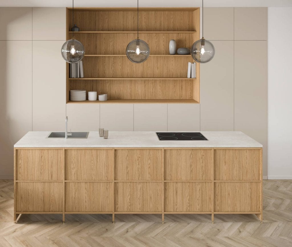 Kuchnia w dekorze Dąb Sardes Schattdecor – jasne drewno, nowoczesny design, powierzchnie dekoracyjne do mebli