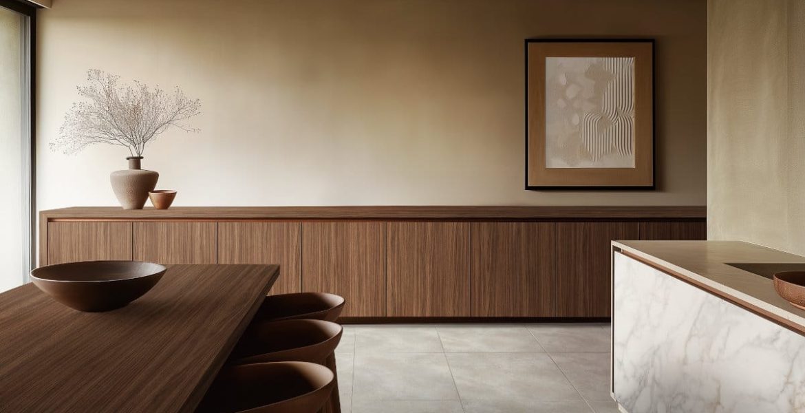 Wnętrze z dekorami Orzech Ravello Schattdecor – elegancka zabudowa meblowa w ciepłym odcieniu drewna.