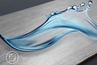 Grafika przedstawiająca falę niebieskiej cieczy na metalicznej powierzchni z delikatną fakturą drewna, symbolizująca czyszczenie. Produkt: tecLay Cleaning firmy Schattdecor.