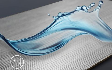 Grafika przedstawiająca falę niebieskiej cieczy na metalicznej powierzchni z delikatną fakturą drewna, symbolizująca czyszczenie. Produkt: tecLay Cleaning firmy Schattdecor.