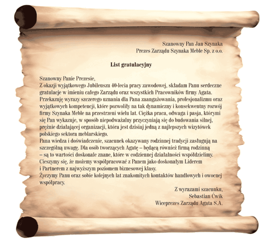 List gratulacyjny od Meble Agata dla Jana Szynaka