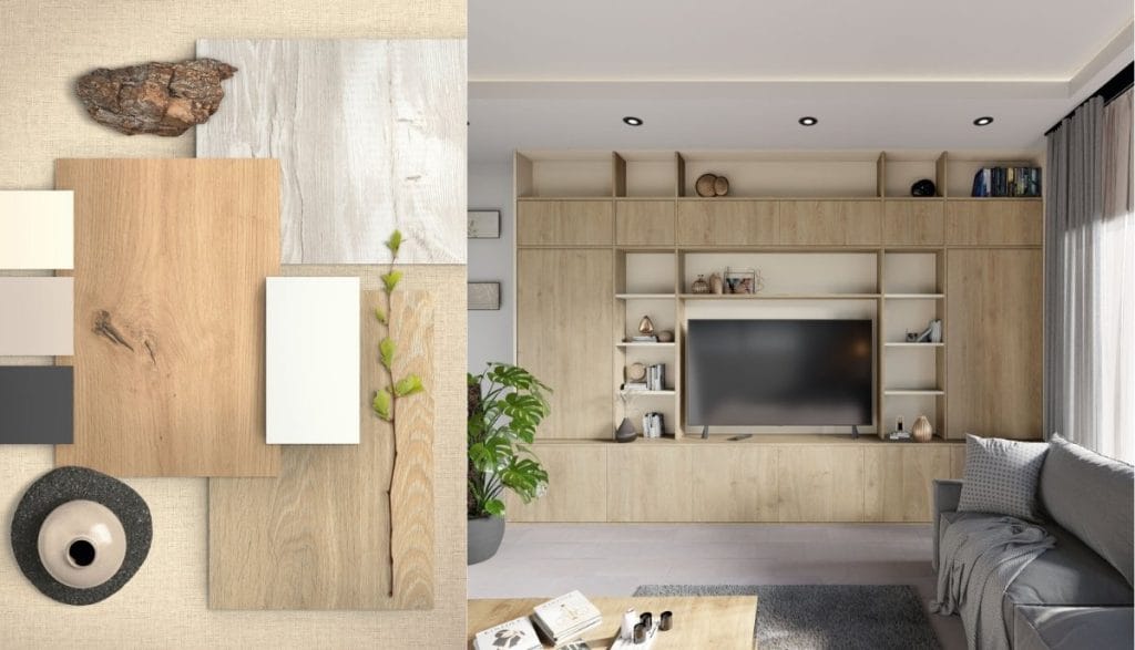 Aranżacja wnętrza z dekorami EGGER H3131 ST12 Dąb Davos naturalny i U222 ST9 Beż kremowy – stylowe i funkcjonalne rozwiązanie