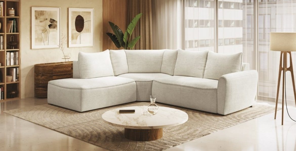 modułowy narożnik Eclipse w salonie z aneksem kuchennym, styl minimalistyczny