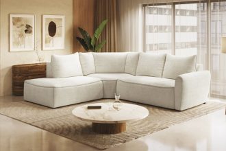 modułowy narożnik Eclipse w salonie z aneksem kuchennym, styl minimalistyczny