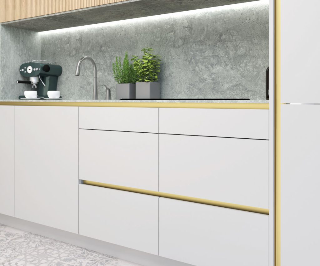 Profile Gola w nowoczesnej białej kuchni.