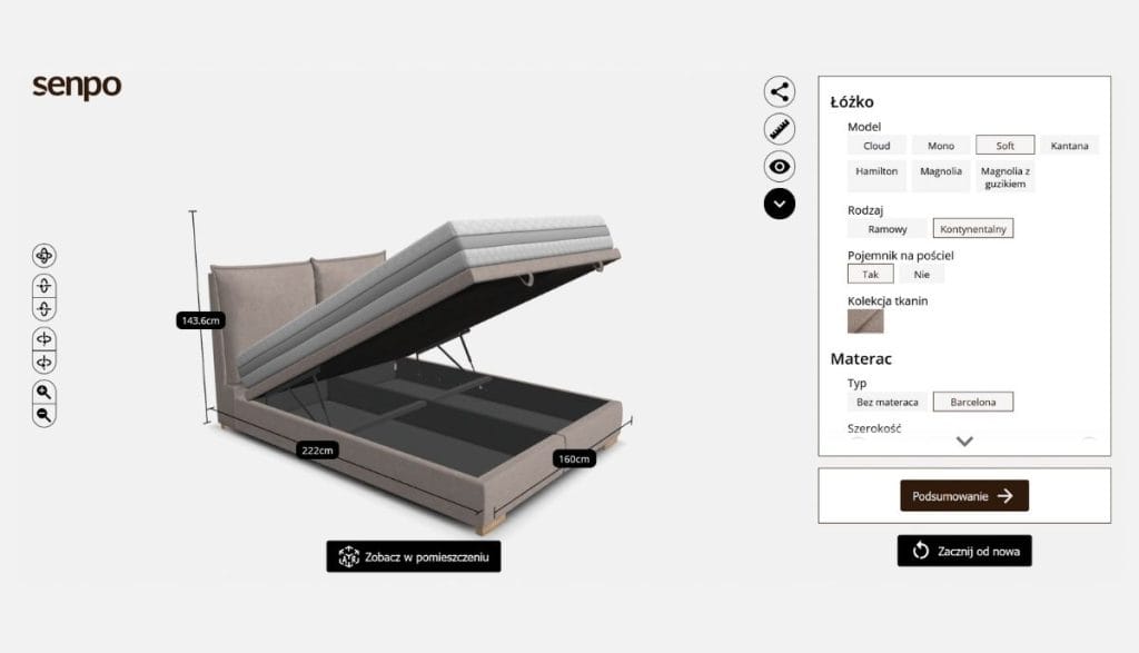 Widok narzędzia online umożliwiającego personalizację mebli w 3D