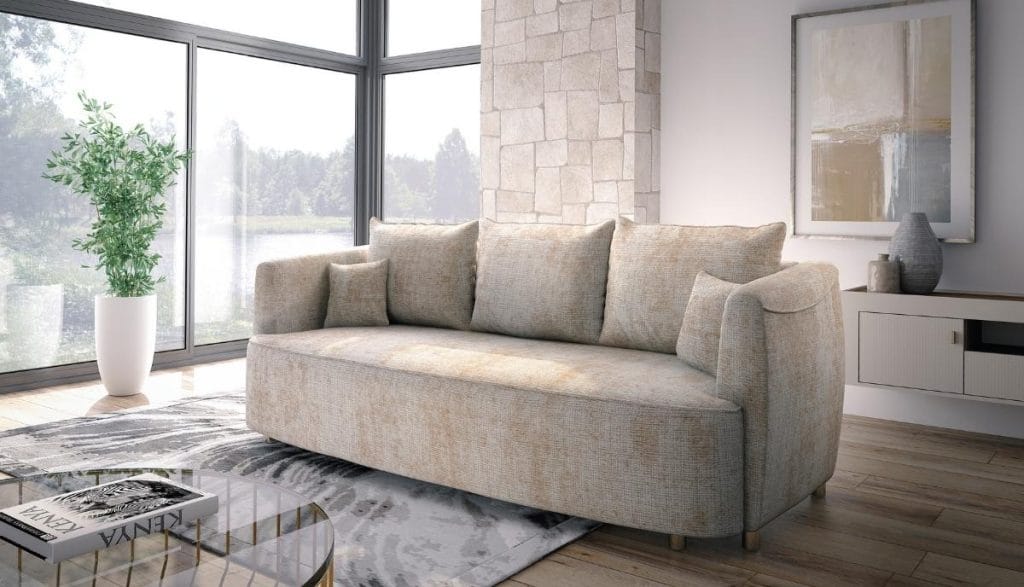 Sofa Risel w stylu quiet luxury o miękkiej, matowej tkaninie i spokojnej linii